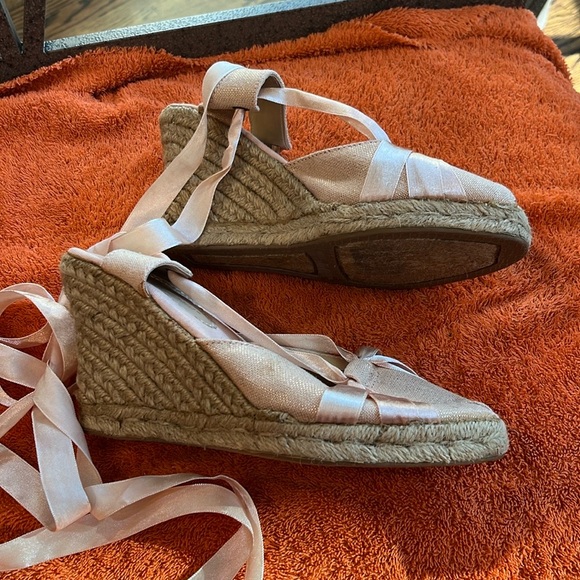 platform tie-up wedge espadrille sandal golden canvas w/pink ribbon shoe 5 1/2 - Picture 3 of 11